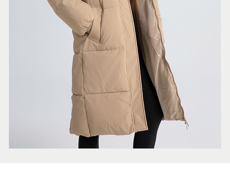 Stand Collar Plain Hood Midi Zip Puffer Coat