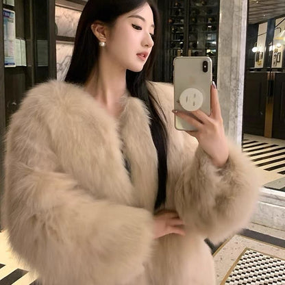 Round Neck Plain Faux Fur Jacket