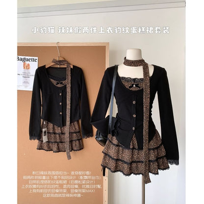 Set: Long-Sleeve V-Neck Button-Up Plain Top + High Waist Leopard Print Mini Tiered Skirt