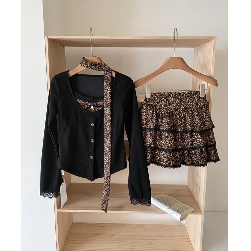 Set: Long-Sleeve V-Neck Button-Up Plain Top + High Waist Leopard Print Mini Tiered Skirt