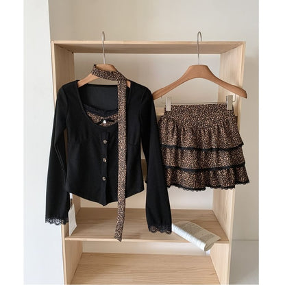 Set: Long-Sleeve V-Neck Button-Up Plain Top + High Waist Leopard Print Mini Tiered Skirt