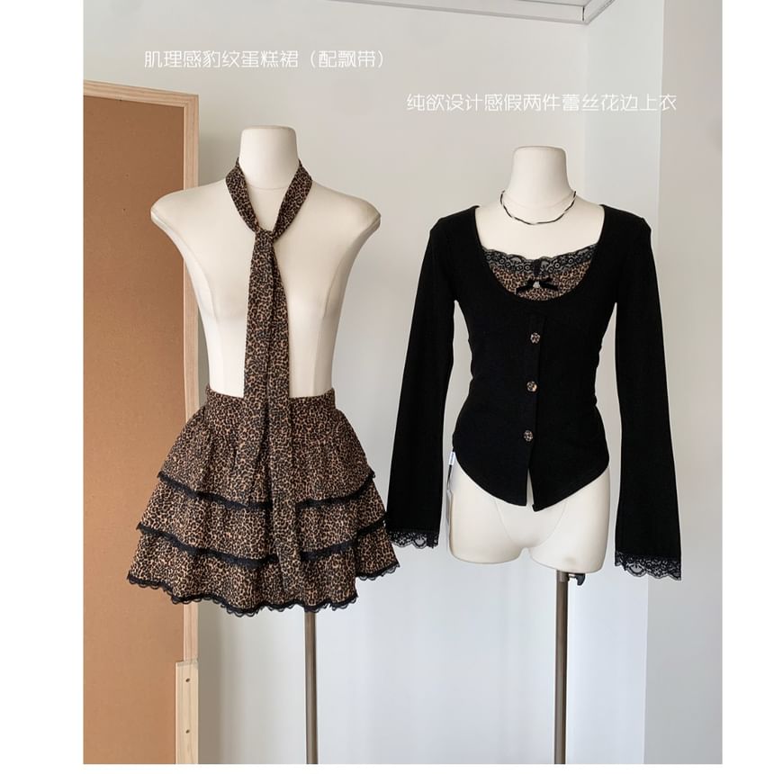 Set: Long-Sleeve V-Neck Button-Up Plain Top + High Waist Leopard Print Mini Tiered Skirt