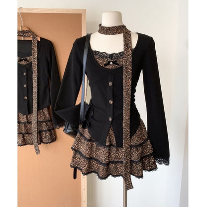 Set: Long-Sleeve V-Neck Button-Up Plain Top + High Waist Leopard Print Mini Tiered Skirt