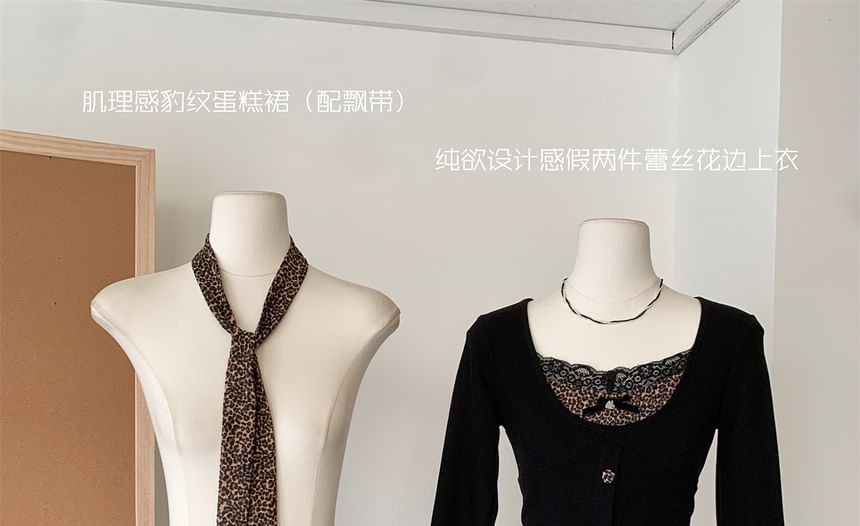 Set: Long-Sleeve V-Neck Button-Up Plain Top + High Waist Leopard Print Mini Tiered Skirt