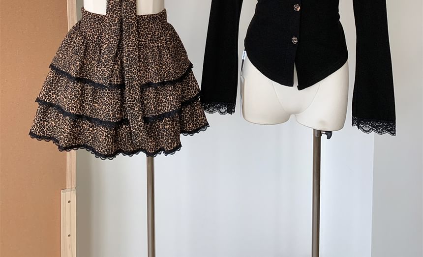 Set: Long-Sleeve V-Neck Button-Up Plain Top + High Waist Leopard Print Mini Tiered Skirt