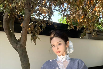 Long-Sleeve High Neck Lace Top / V-Neck Button-Up Cardigan / High Waist Shorts