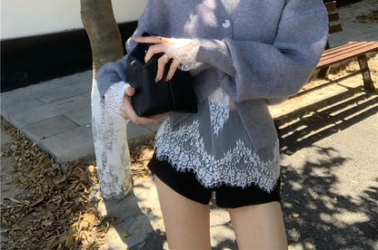 Long-Sleeve High Neck Lace Top / V-Neck Button-Up Cardigan / High Waist Shorts
