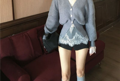 Long-Sleeve High Neck Lace Top / V-Neck Button-Up Cardigan / High Waist Shorts