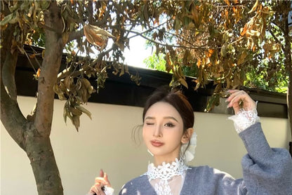 Long-Sleeve High Neck Lace Top / V-Neck Button-Up Cardigan / High Waist Shorts