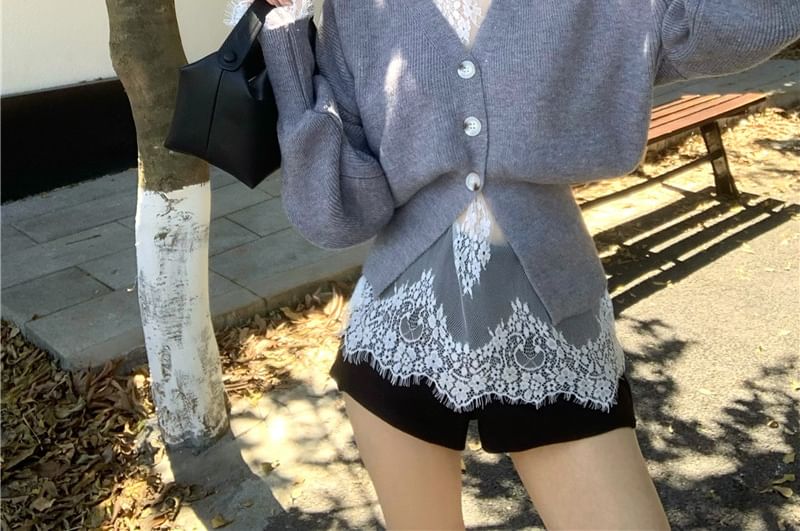 Long-Sleeve High Neck Lace Top / V-Neck Button-Up Cardigan / High Waist Shorts