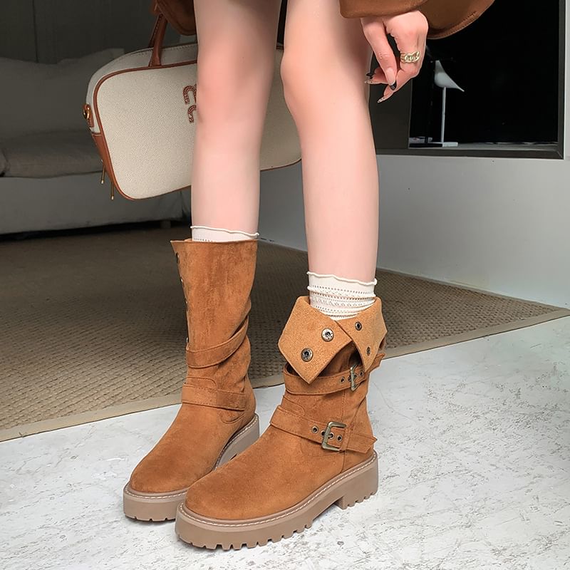 Calf Boots Buckled Mid Button Platform