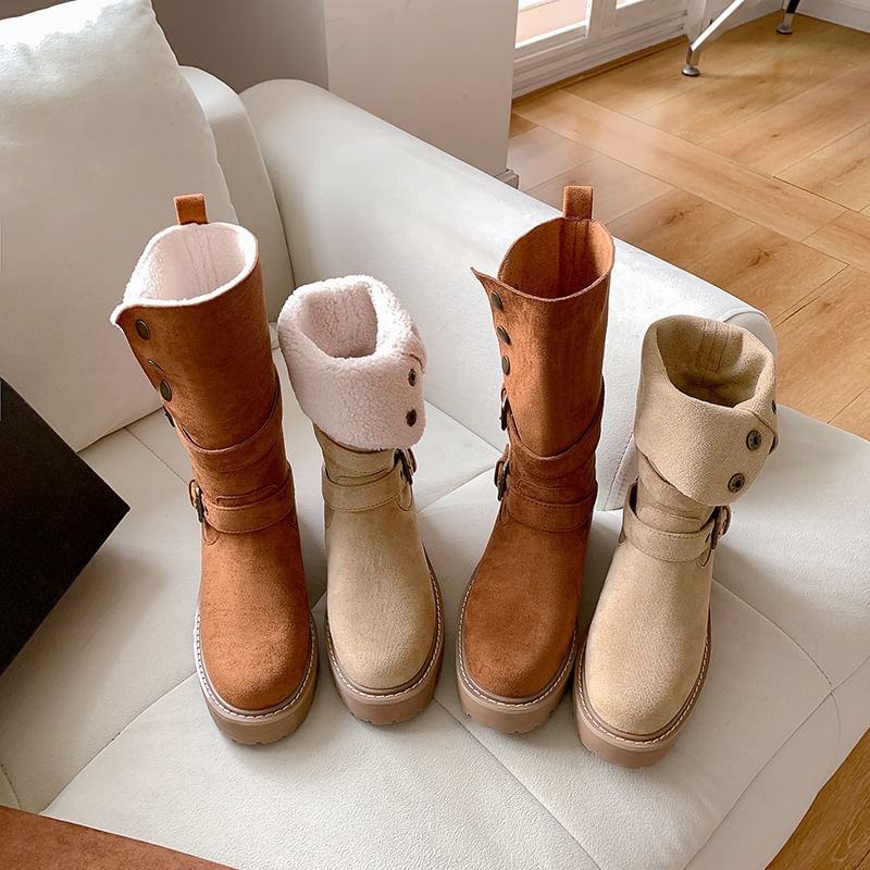 Calf Boots Buckled Mid Button Platform