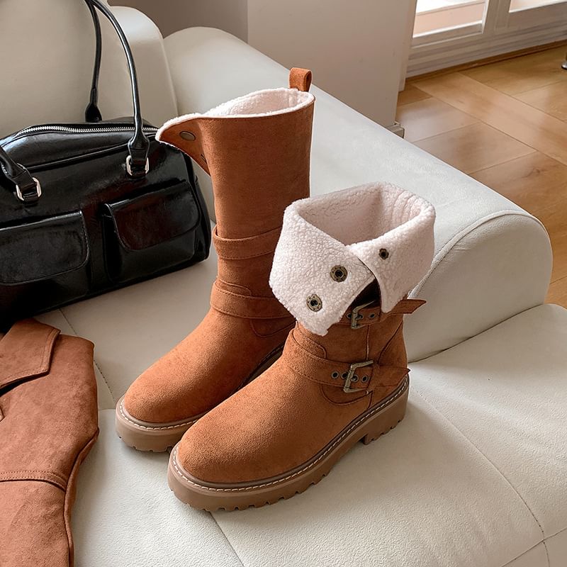 Calf Boots Buckled Mid Button Platform