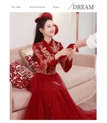 Long Sleeve Embroidered Cheongsam Wedding Dress