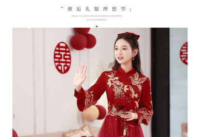 Long Sleeve Embroidered Cheongsam Wedding Dress