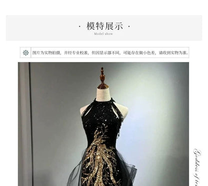 Halter Neck Sleeveless Sequined Embroidered Maxi Evening Gown