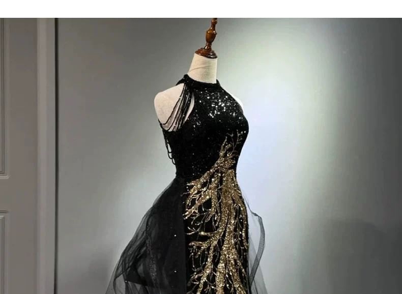 Halter Neck Sleeveless Sequined Embroidered Maxi Evening Gown