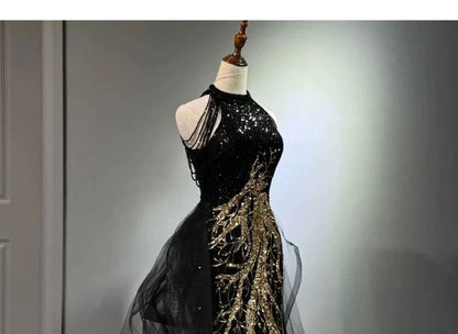 Halter Neck Sleeveless Sequined Embroidered Maxi Evening Gown