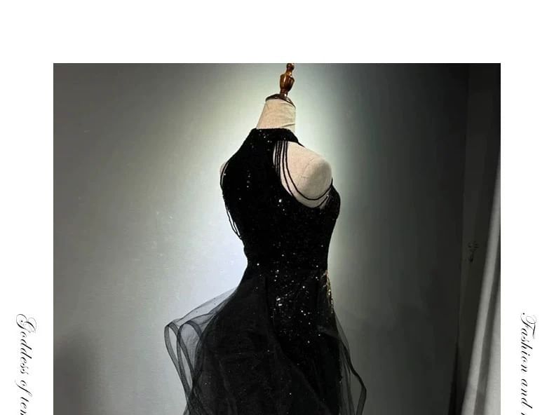 Halter Neck Sleeveless Sequined Embroidered Maxi Evening Gown