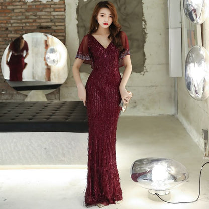 Short-Sleeve Gown Sheath V-Neck Evening Sequined Floral