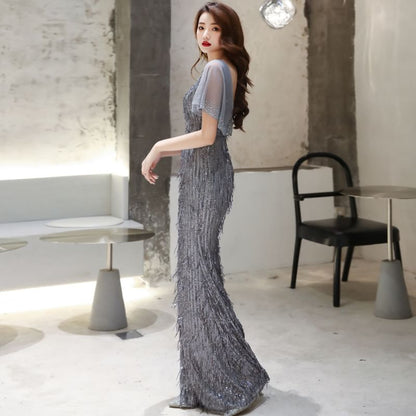 Sequined Evening Sheath V-Neck Floral Gown Short-Sleeve