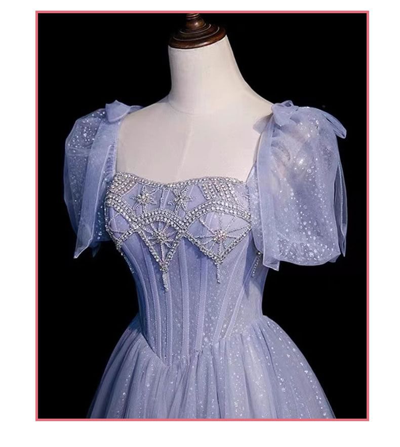 Puff Sleeve Square Neck Embroidered A-Line Evening Gown