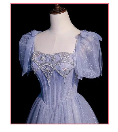 Puff Sleeve Square Neck Embroidered A-Line Evening Gown