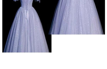 Puff Sleeve Square Neck Embroidered A-Line Evening Gown