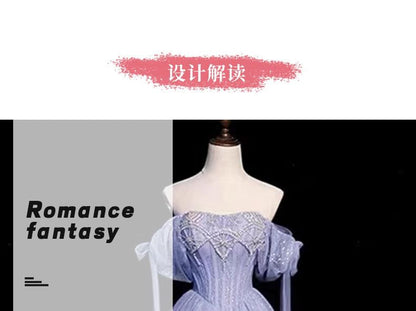 Puff Sleeve Square Neck Embroidered A-Line Evening Gown