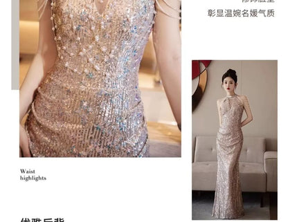 Sleeveless Gown Glitter Sheer Sheath Evening Panel