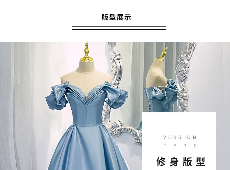Evening Shoulder Pleated V-Neck Off Gown A-Line Plain