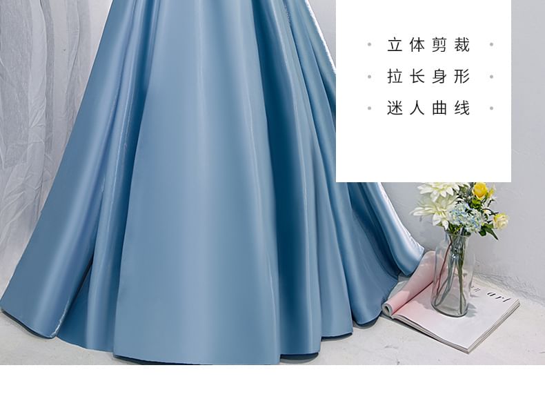 Evening Shoulder Pleated V-Neck Off Gown A-Line Plain