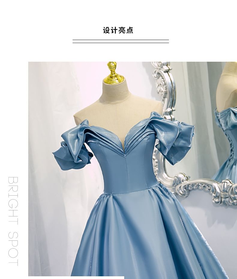 Evening Shoulder Pleated V-Neck Off Gown A-Line Plain