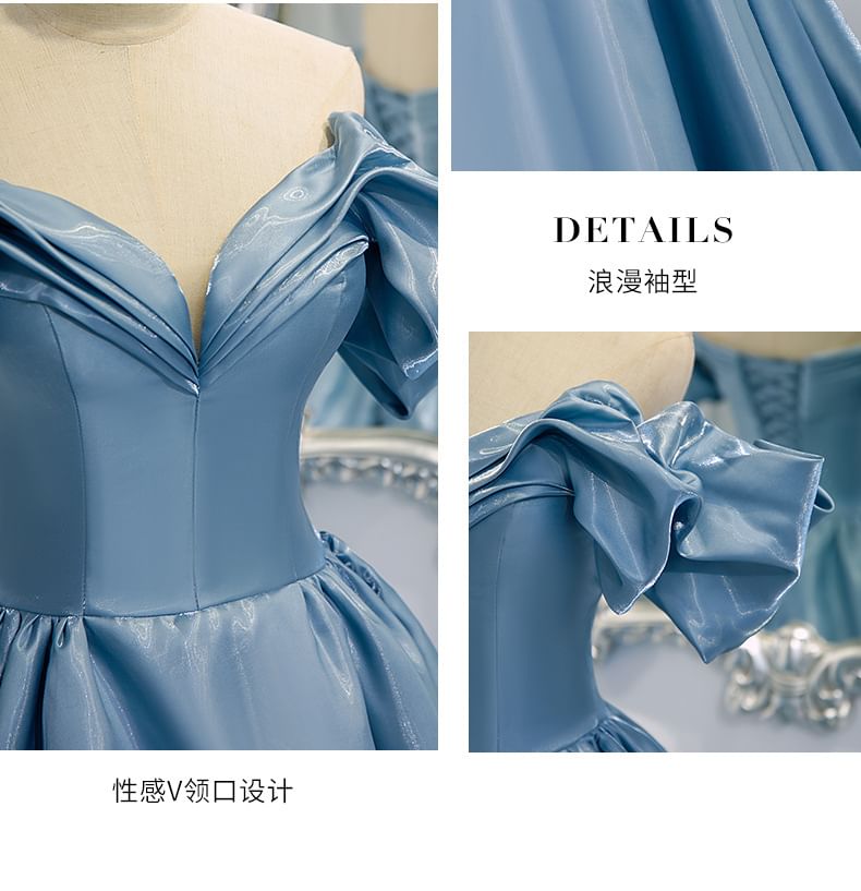 Evening Shoulder Pleated V-Neck Off Gown A-Line Plain