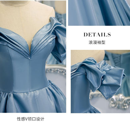 Evening Shoulder Pleated V-Neck Off Gown A-Line Plain