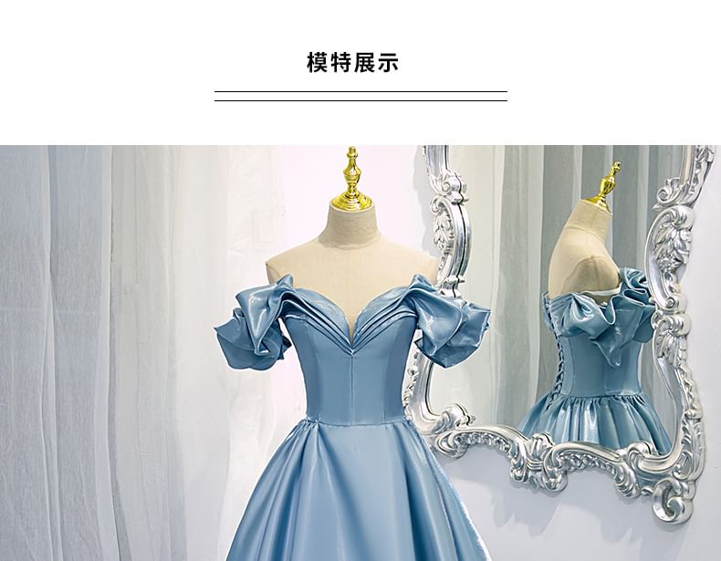 Evening Shoulder Pleated V-Neck Off Gown A-Line Plain