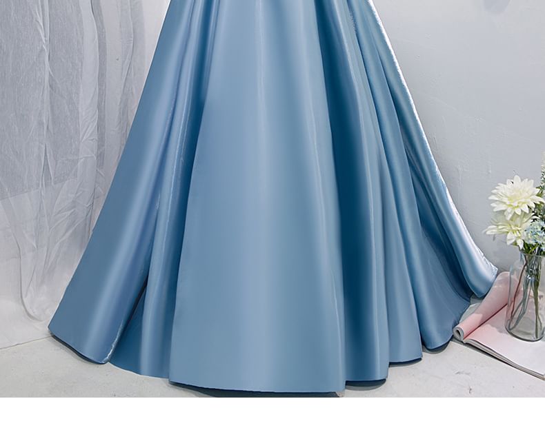 Evening Shoulder Pleated V-Neck Off Gown A-Line Plain