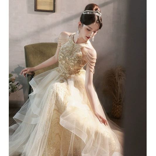 Sleeveless Glitter Embroidered A-Line Evening Gown