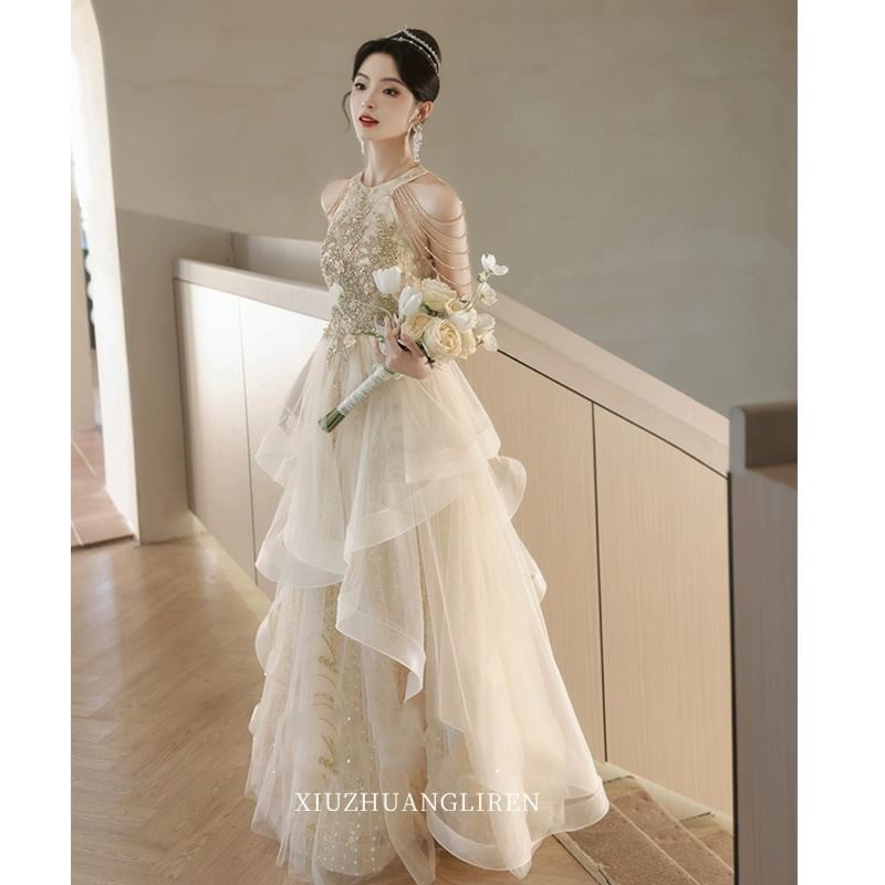 Sleeveless Glitter Embroidered A-Line Evening Gown