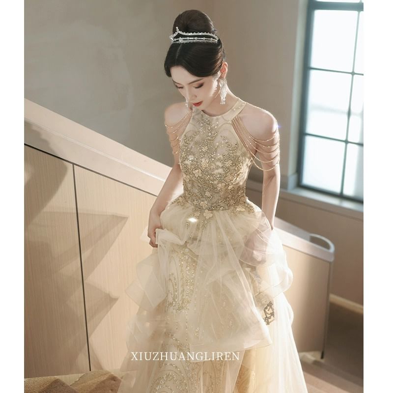 Sleeveless Glitter Embroidered A-Line Evening Gown