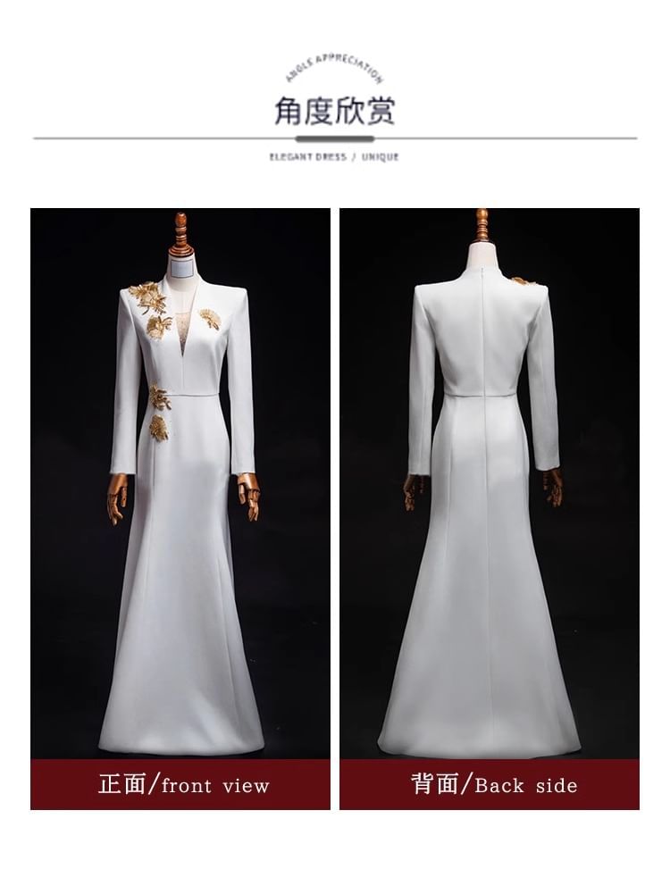 Long Sleeve V-Neck Embroidered Sheath Evening Gown