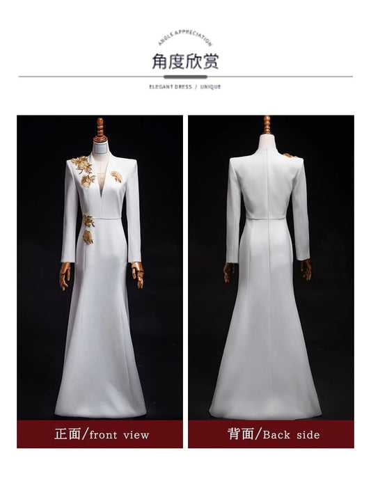 Long Sleeve V-Neck Embroidered Sheath Evening Gown