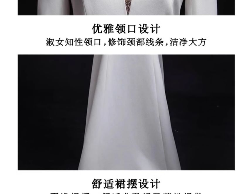 Long Sleeve V-Neck Embroidered Sheath Evening Gown