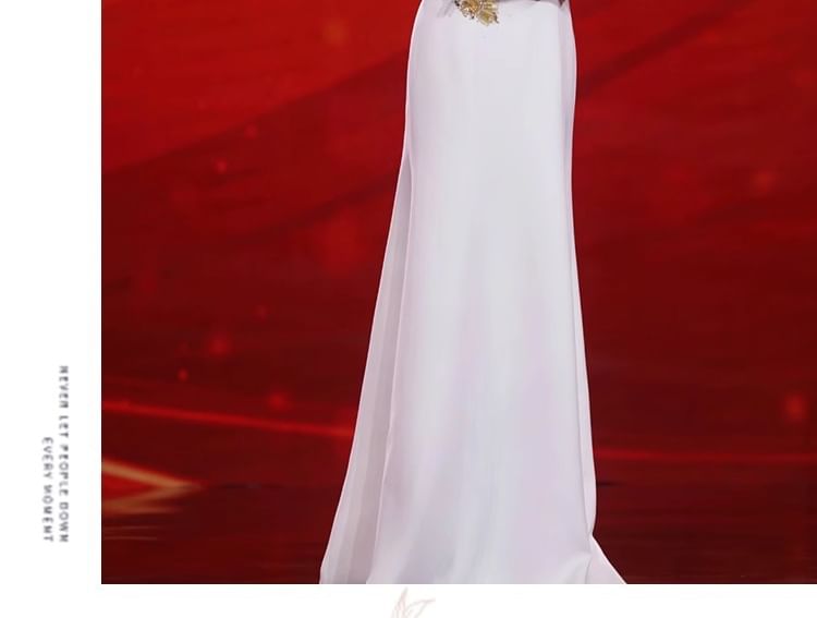 Long Sleeve V-Neck Embroidered Sheath Evening Gown