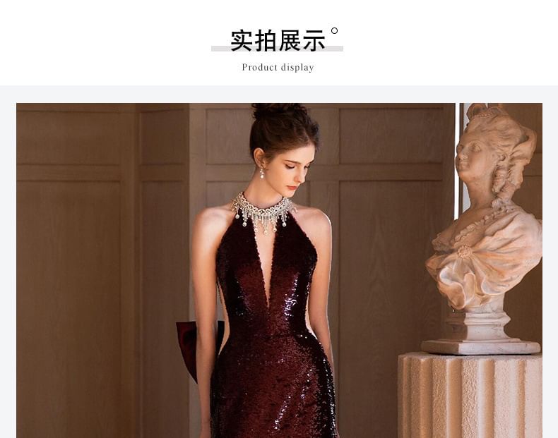 Sleeveless Deep V-Neck Sequined A-Line Evening Gown