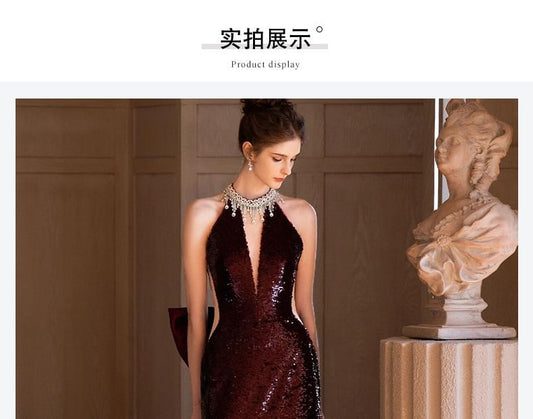 Sleeveless Deep V-Neck Sequined A-Line Evening Gown