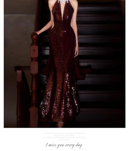 Sleeveless Deep V-Neck Sequined A-Line Evening Gown