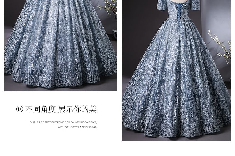 Short-Sleeve Square Neck Embroidered Sequin A-Line Evening Gown