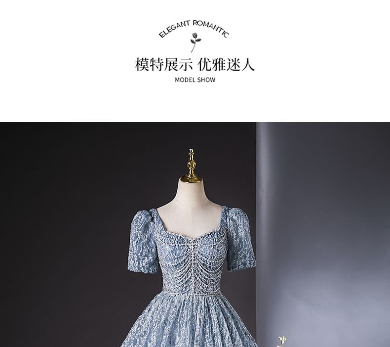 Short-Sleeve Square Neck Embroidered Sequin A-Line Evening Gown