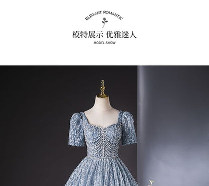 Short-Sleeve Square Neck Embroidered Sequin A-Line Evening Gown